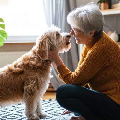 happy people at home with favorite pet , love and friendship of human and animal pragma