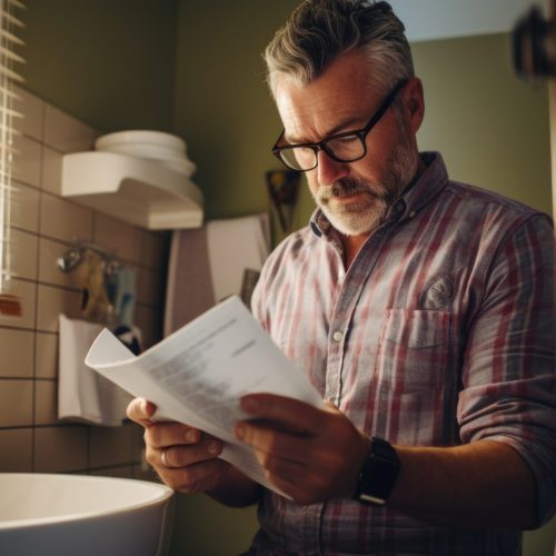 A man is seen reading a paper in the bathroom. This image can be used to depict a daily routine or a moment of relaxation.