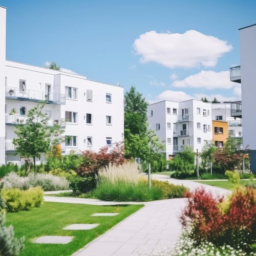 Modern Apartment Buildings with Lush Green Landscaping