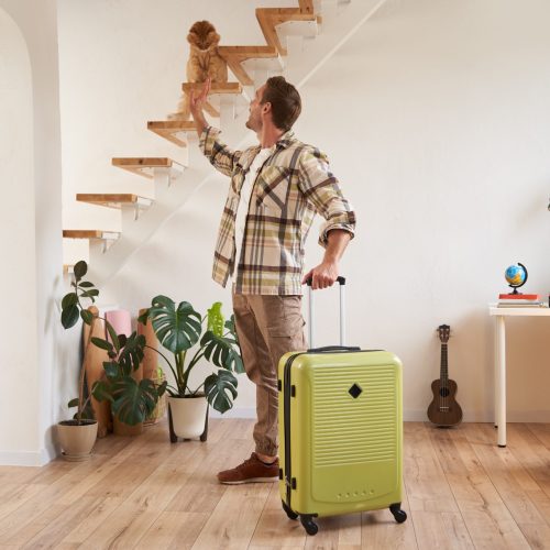 Portrait of happy traveller, young man going on vacation, holding his suitcase, petting a cat on stairs. Tourism and people lifestyle concept