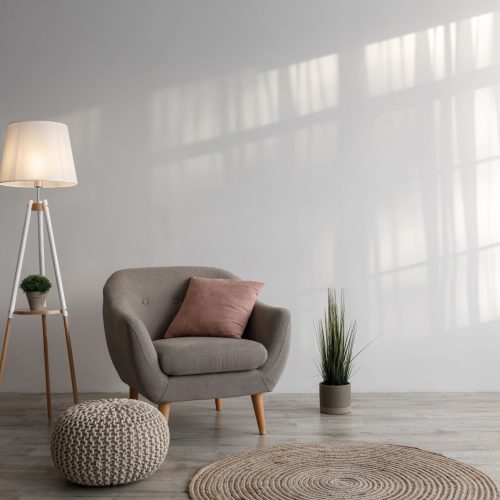 Armchair,With,Pillow,,Glowing,Lamp,,Plant,In,Pot,,Ottoman,And